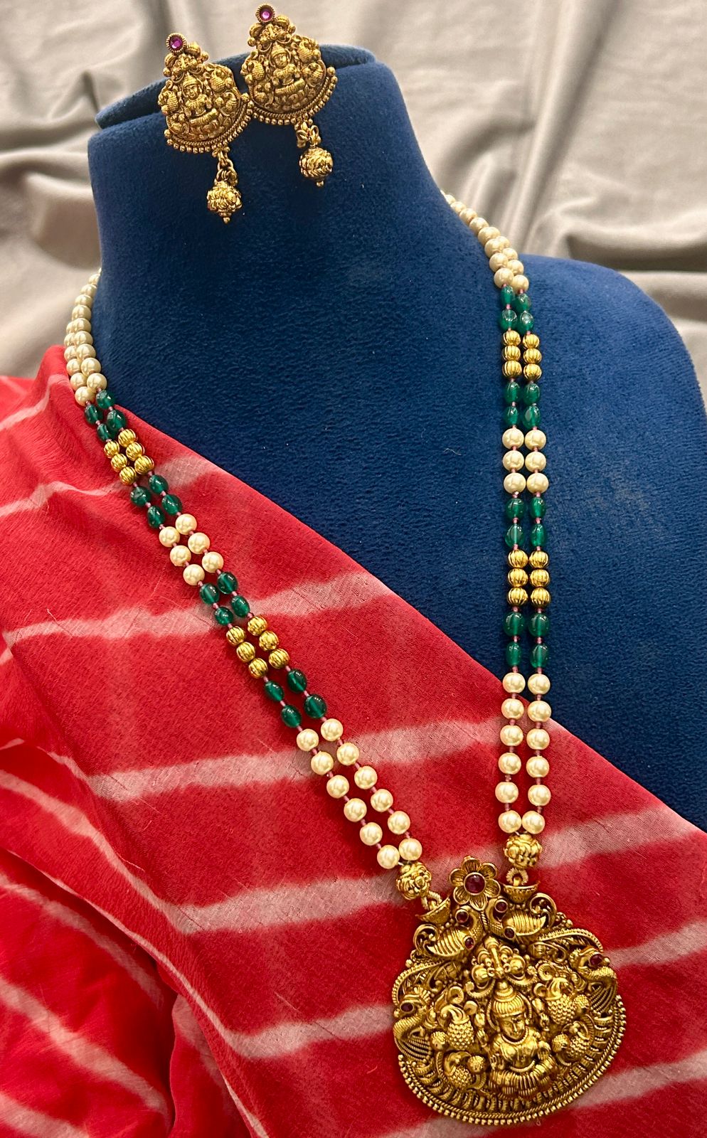 Antique Temple Lakshmi Pendant Necklace with Green Beads & Earrings